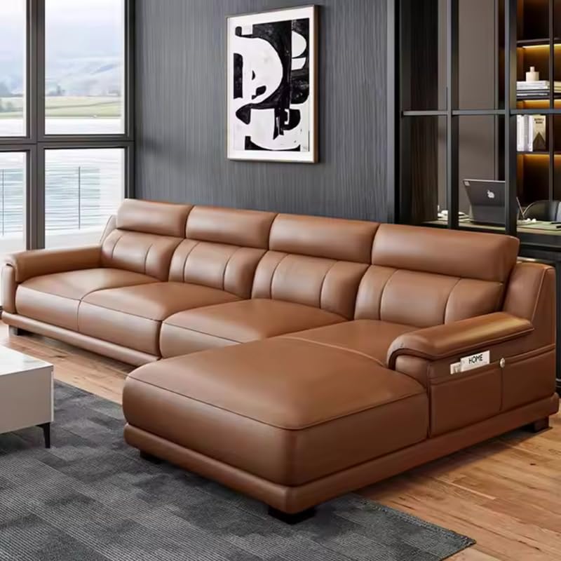 Image of Homax. Poppins Solid Sal Wood Italian Luxury High-End Villa Living Room L-Shape Sectional Modular Sofa Set in Leatherette Orientation LHS - Brown