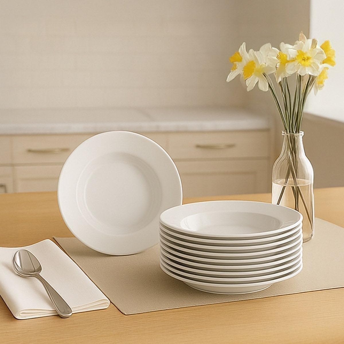 LOLAhome Juego de 12 platos hondos redondos blancos de porcelana de 21 cm. Configura tu vajilla completa moderna para 12 personas a tu gusto