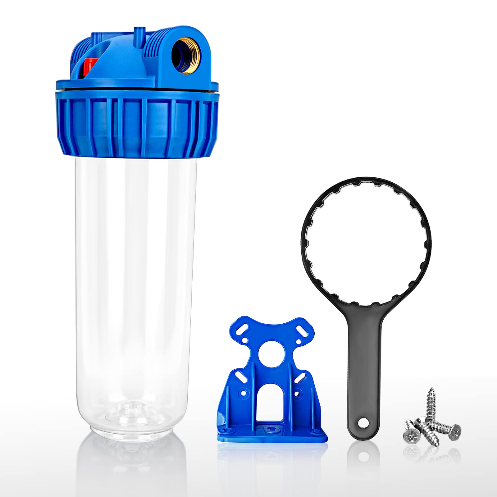 Lafiucy 10 pollici trasparente alloggiamento del filtro dell'acqua standard, versione più spessa, 3/4"ingresso/uscita porta in ottone, staffa, 4 viti, chiave