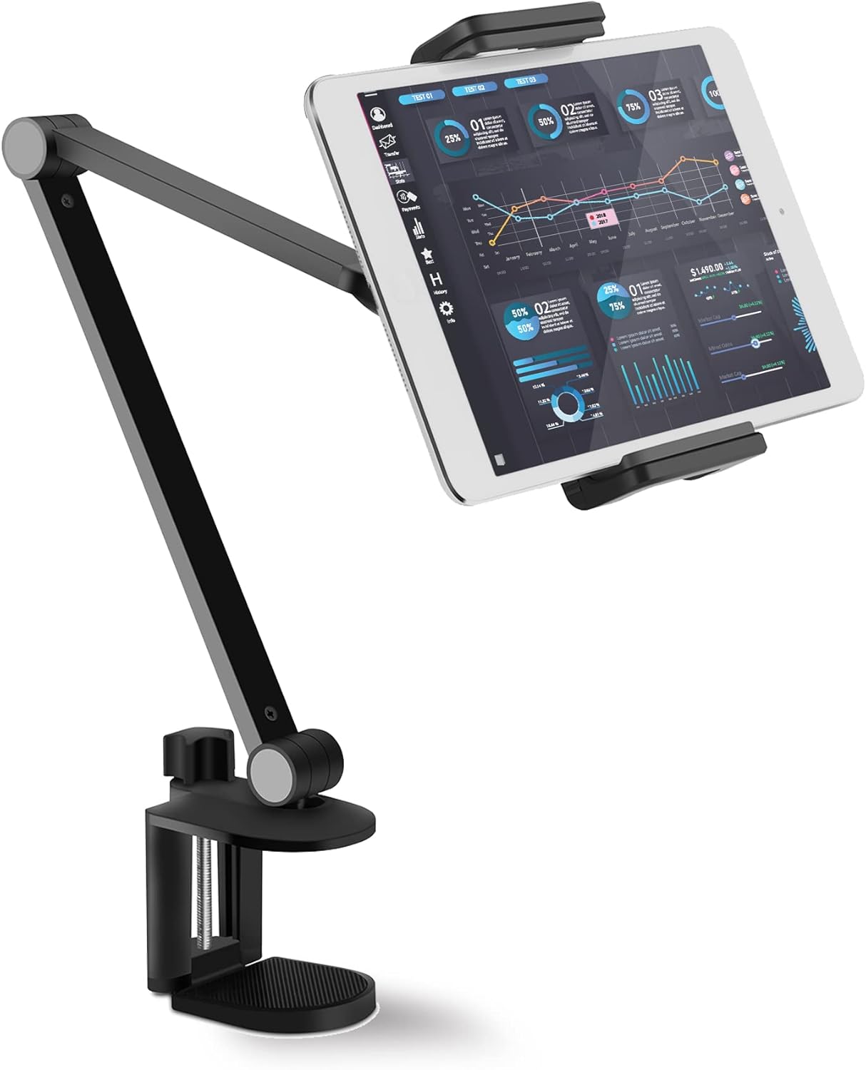 iPad Stand Holder Mount, Aluminum Long Arm Tablet Clamp Mount for Desk