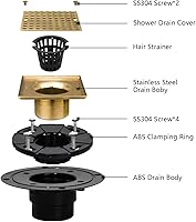Vista 2 de Uni-Green Champagne Bronze Shower Drain 4-1/4 Inch - Square Gold Shower Drain Kit with ABS Flange for 2" or 3" Pipe - Low Profile 304 Stainless