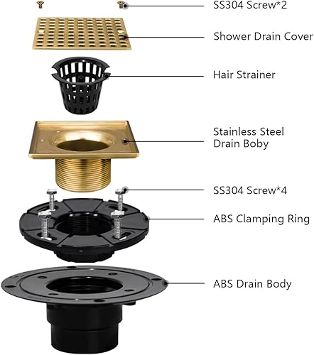 Vista 2 de Uni-Green Champagne Bronze Shower Drain 4-1/4 Inch - Square Gold Shower Drain Kit with ABS Flange for 2" or 3" Pipe - Low Profile 304 Stainless