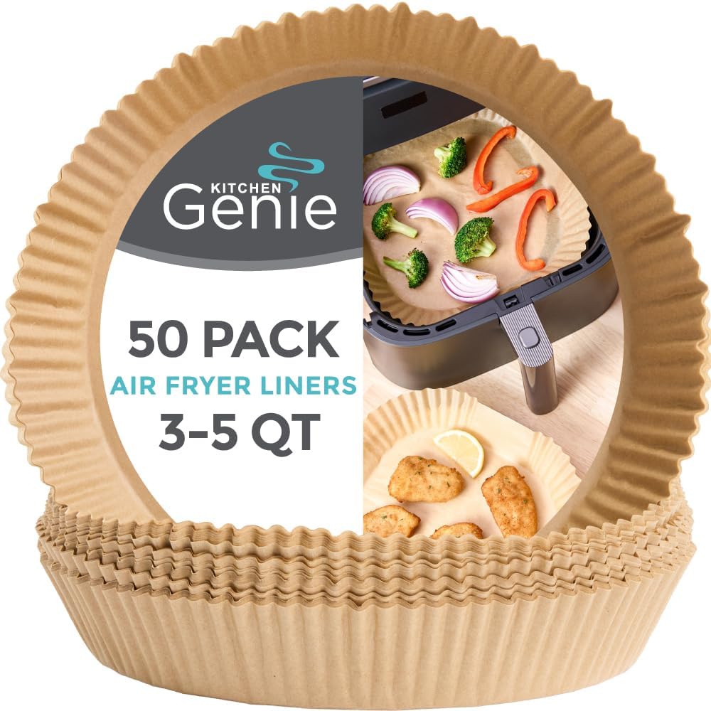 KITCHEN GENIE Heavy Duty BPA-Free Air Fryer Liners Disposable, Non-Stick Parchment Paper Sheets for Easy Clean Cooking, Fits 5-8 QT Basket, Microwave, Toaster Oven, Unbleached, 6.5 Inch Round, 50 PCS