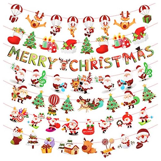 Matogle 7pcs Guirnalda Navidad Banner Bunting Merry Christmas Dibujo Animado Papá Noel Árbol de Navidad Reno Bandera Decorativo Colgar en Techo Pared Adorno Navideño Colgante 2.7m