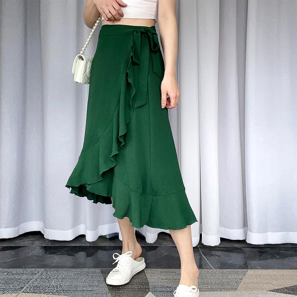 AGYMNX Falda envolvente para mujer de cintura alta, falda midi irregular, dobladillo con volantes, minifalda plisada con lazo para verano, elegante y versátil
