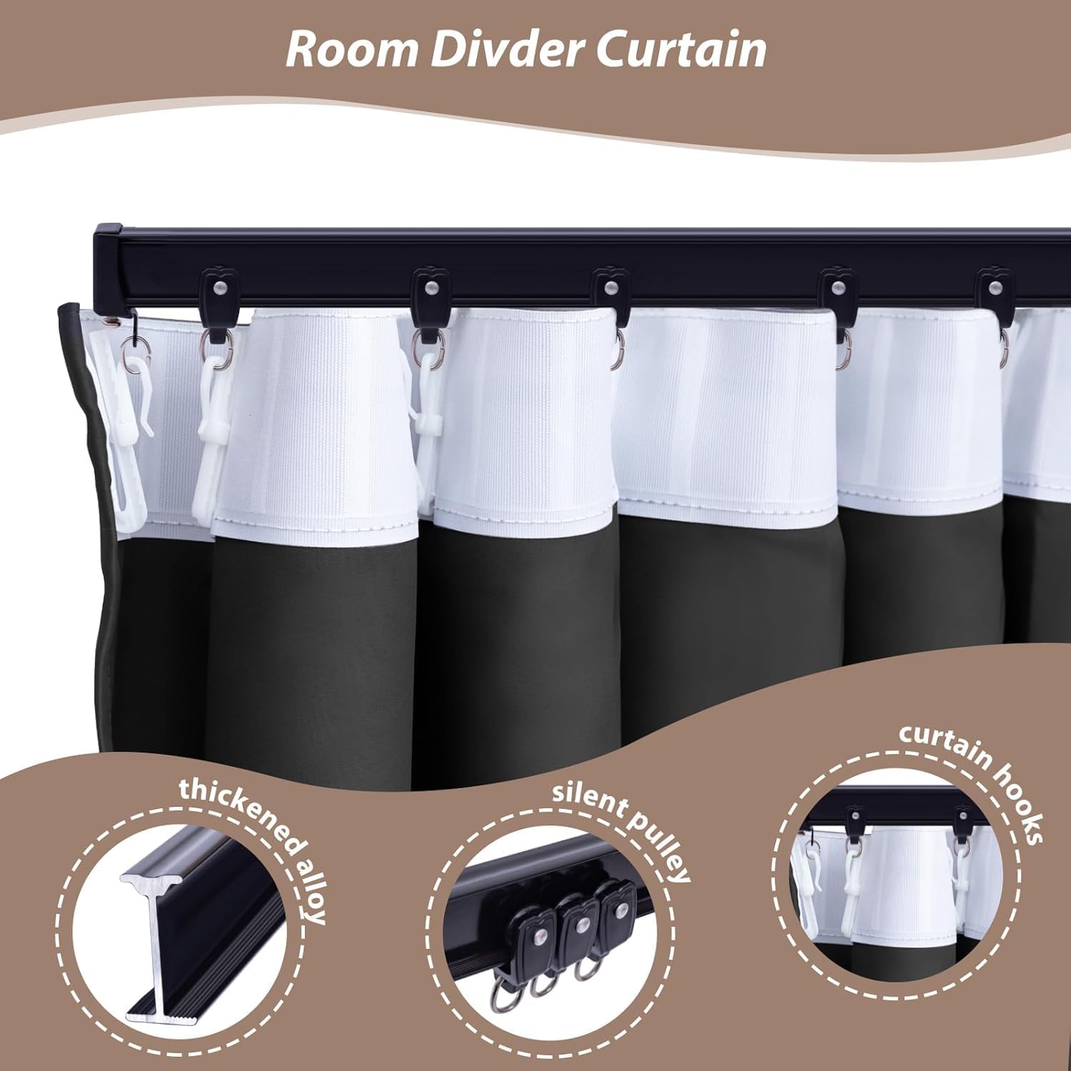Room Divider Curtains with Ceiling Curtain Track Set Window Curtain for Bedroom,Living Room Total Blackout Thermal Insulated Privacy Ceiling Track Curtain W 6 × H 6 FT Grey drape&Black track