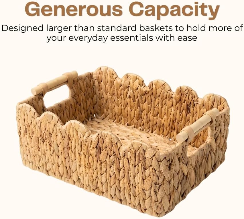 Scalloped Water Hyacinth Basket - Set of 2 Rectangular Wicker Storage for Bathroom Organizer, Nursery & Shelves - Aesthetic Woven Basket for Toilet Paper, Diapers or Boho Decor image 4
