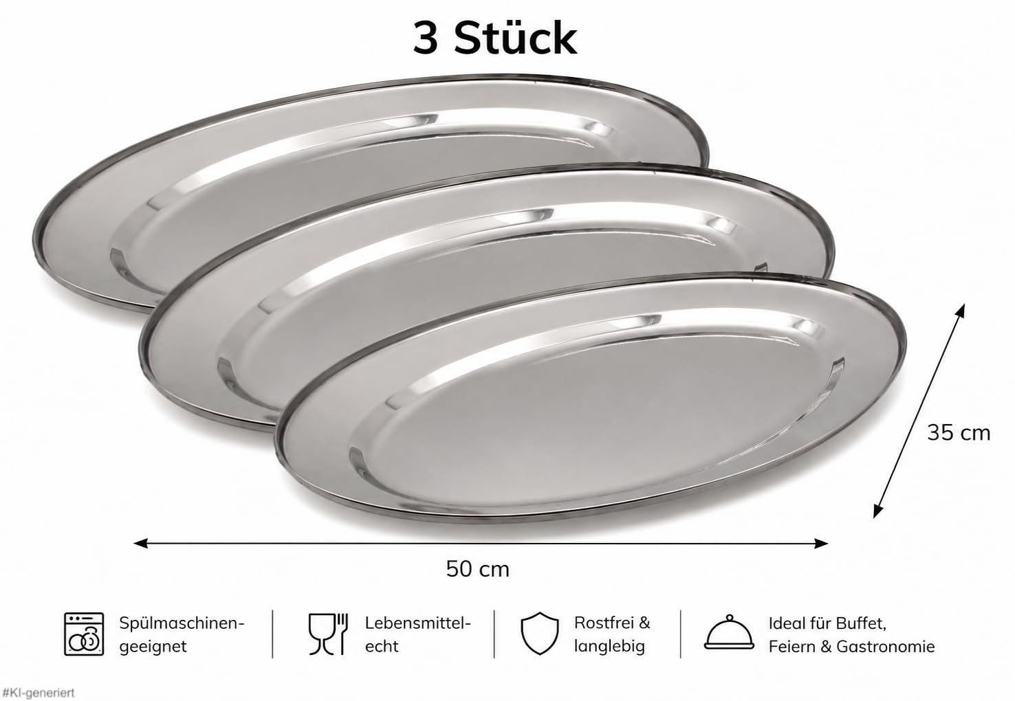 3er Set Ovale Edelstahl Servierplatten Größe L: 50 × 35cm