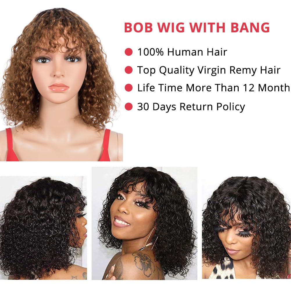 Spotlight Short Kinky Curly Wigs 10 inch Bob Loose Wave Human Hair Wigs for Women Brazilian Virgin Human Hair Wigs with Bangs 180% Density Natural Looking (Ombre Brown - Image 3
