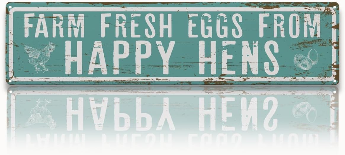 Duetom Rustic Farmhouse Style Chicken Coop Sign, Metal Egg Stand Signs, Farm Fresh Eggs from Happy Hens, Retro Metal Tin Sign, Farmhouse Decor, Backyard Hen House Gift 4x16 Inch