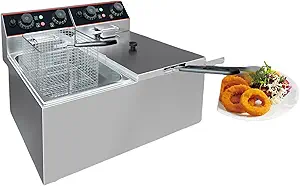 Commercial Deep Fryer, 12.6 QT Electric Deep Fryer with Double Basket and Lid, Stainless Steel Deep Fryer with Independent Temperature Control for Restaurant or Home Use, 1500W+1500W