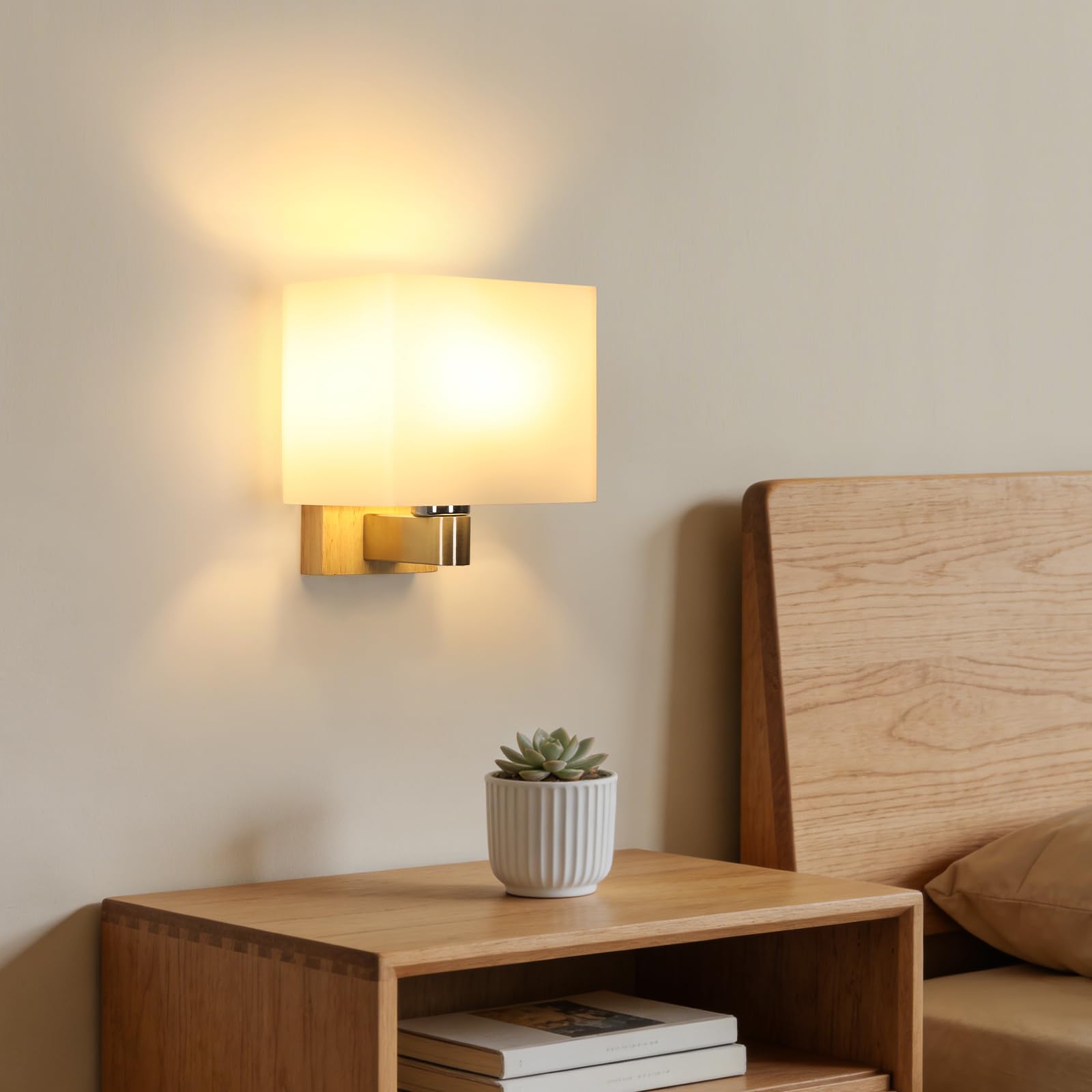 Holz Wandleuchte Innen E27, Moderne Wandlampe Holz mit Quadrat Glas Lampenschirm, Up Down Wandbeleuchtung Innen mit E27 Fassung für Schlafzimmer, Flur, Wohnzimmer, Treppen (Ohne Glühbirne)