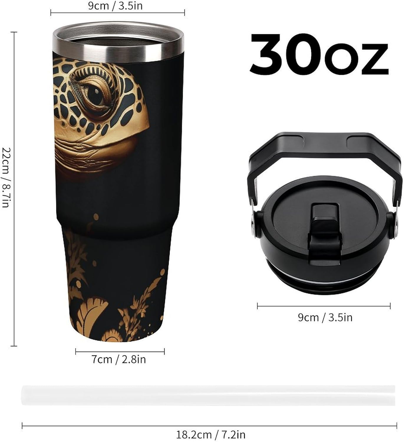 30oz Insulated Tumblers with Top Handle, Stainless Steel Black And Gold Sea Turtle Pattern Car Cup with Straw for Gift, Leak-Proof Double Wall Vacuum Travel Mug, Personalized Water Bottles Black