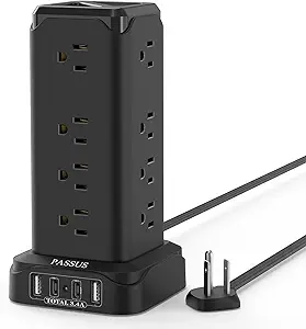 Power Strip Surge Protector with 4 USB(2 USB C,PD20W) Ports,1625W|13A Long Extension Cord with 16 AC Outlets,PASSUS Power Tower Thin Flat Plug Desk Charging Station for Home Office DormRoom