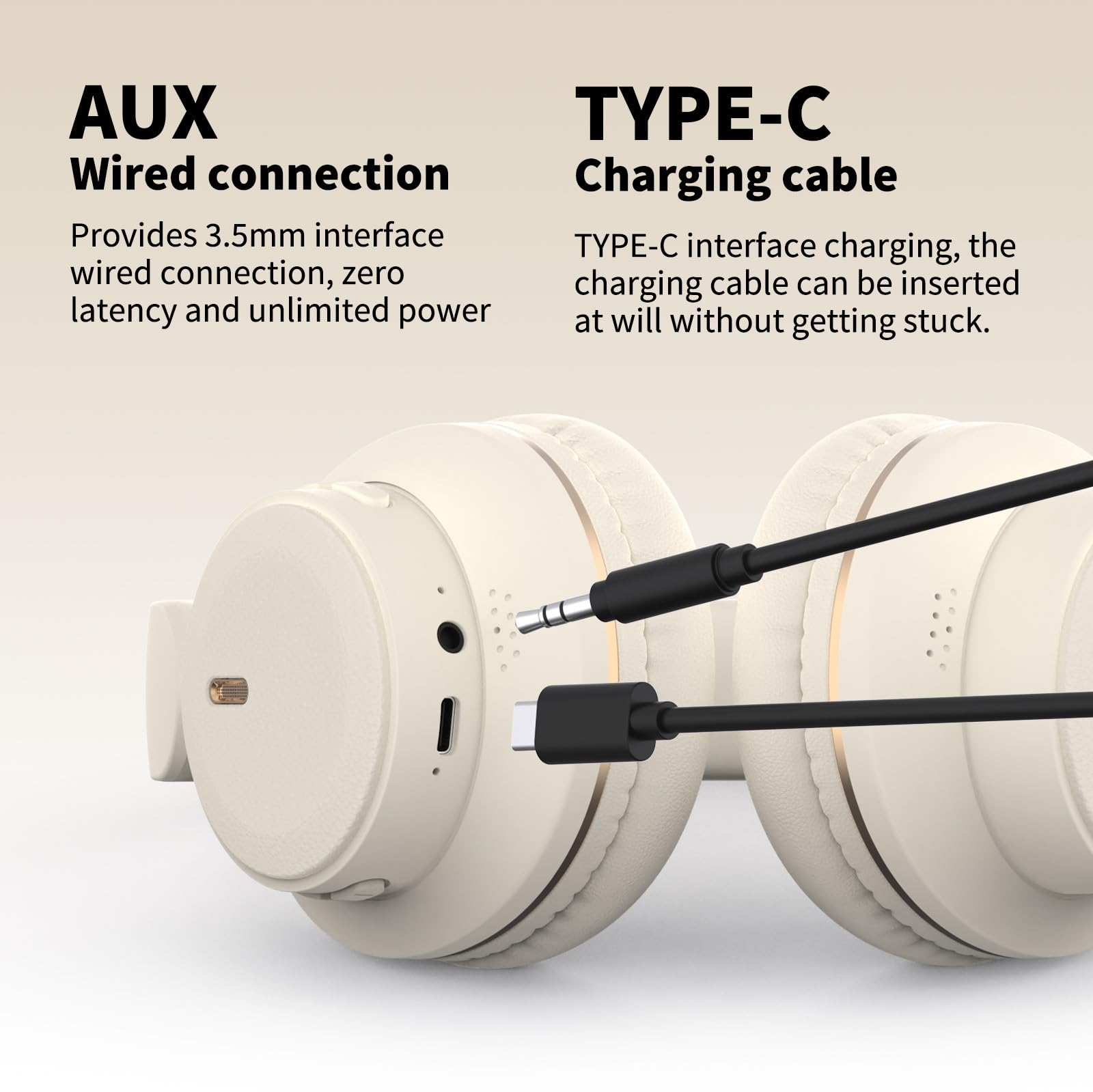 H9 - Cuffie wireless Bluetooth over-ear con audio surround HiFi e cavo USB-C, batteria a lunga durata di 24 ore, microfono integrato, per donne e uomini, viaggi, casa, ufficio (bianco sporco)