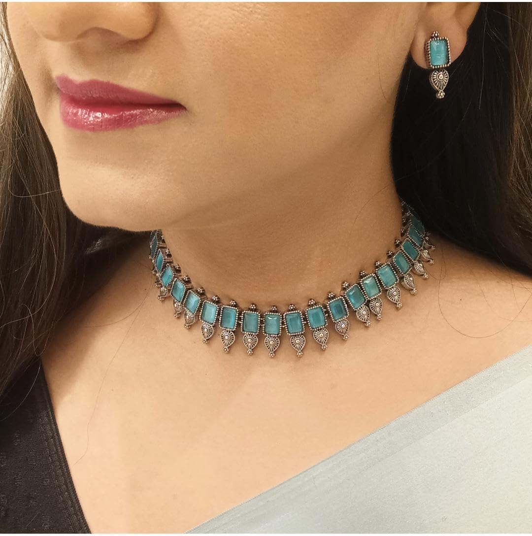 Efulgenz Indian Oxidized Jewelry Indian Jewelry Sets for Women Boho Vintage Antique Crystal Choker Necklace Set Earring for Women Oxidized Jewelry