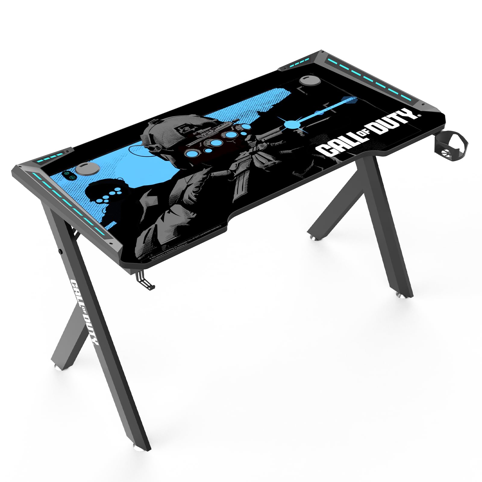GAMEON Call Of Duty (COD) Hawksbill Series RGB Flowing Light Gaming Desk (Size: 1200-600-720mm) With (800 * 300 * 3mm - Mouse pad), Headphone Hook & Cup Holder - Black/Blue