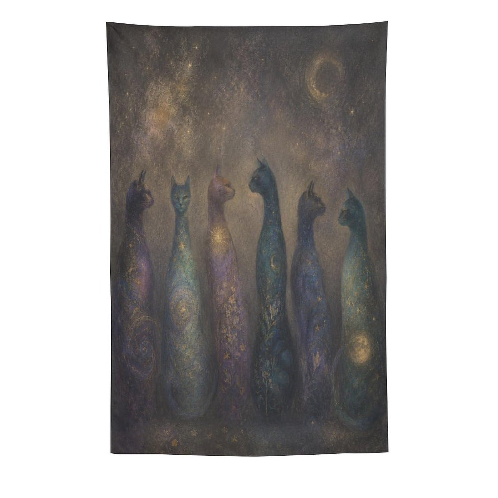 W7C8U2X3 Cat Spirits in Night Sky Wall Tapestry, Mystical Animals