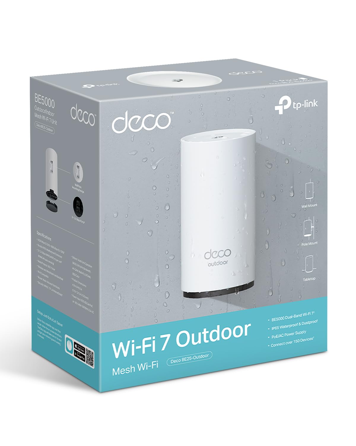 TP-Link Deco BE25-Outdoor Routeur WiFi 7 Mesh BE3600, Répéteur Extérieur/Intérieur, Double Bande, 2×2,5G, IP65, PoE/AC