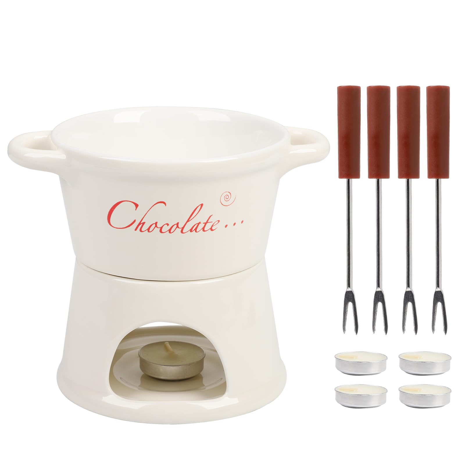 BigKing Tygiel do czekolady i sera, 300 ml, ceramiczny zestaw czekoladowego fondue z 4 widelcami i 4 świeczkami, wyjmowany, mini kubek do fondue do domu, restauracji i kawy