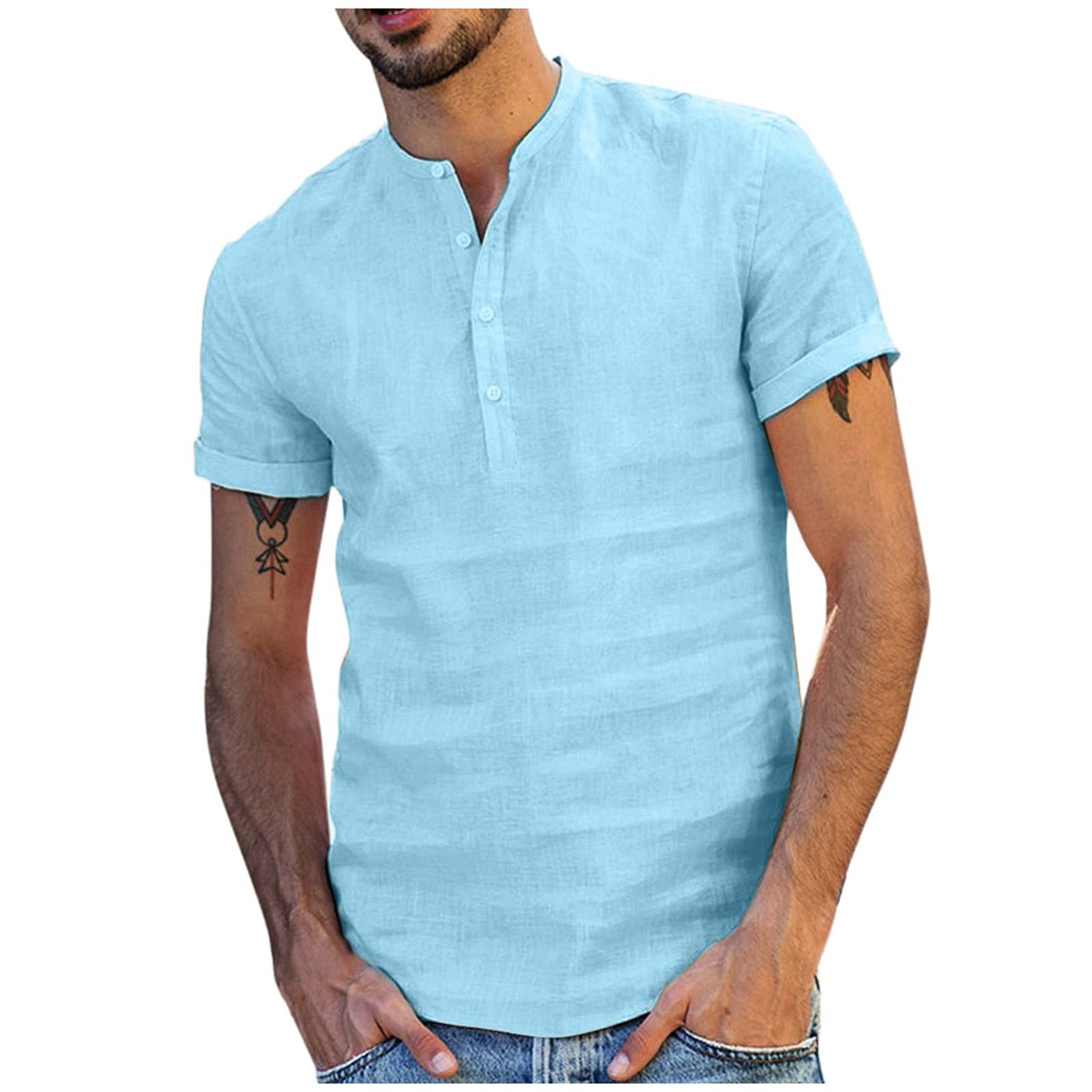 Camicia Uomo In Lino Di Cotone Enlision - Manica Lunga Henley Con Bottoni, Stile Casual E Hippie - Foto 13