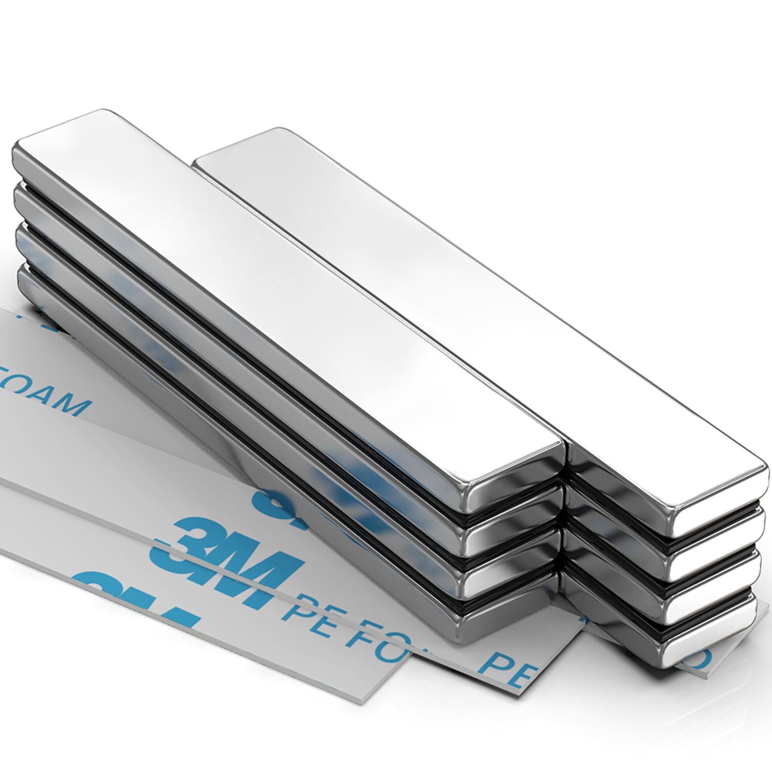 8 Pack Magnets, Caturledas Heavy Duty Strong Rare Earth Neodymium Magnets with Double Sided Adhesive, Rectangular Bar Magnetic Strip for Fridge Kitchen Garage Office Science Craft, 60x10x3 mm, Silver