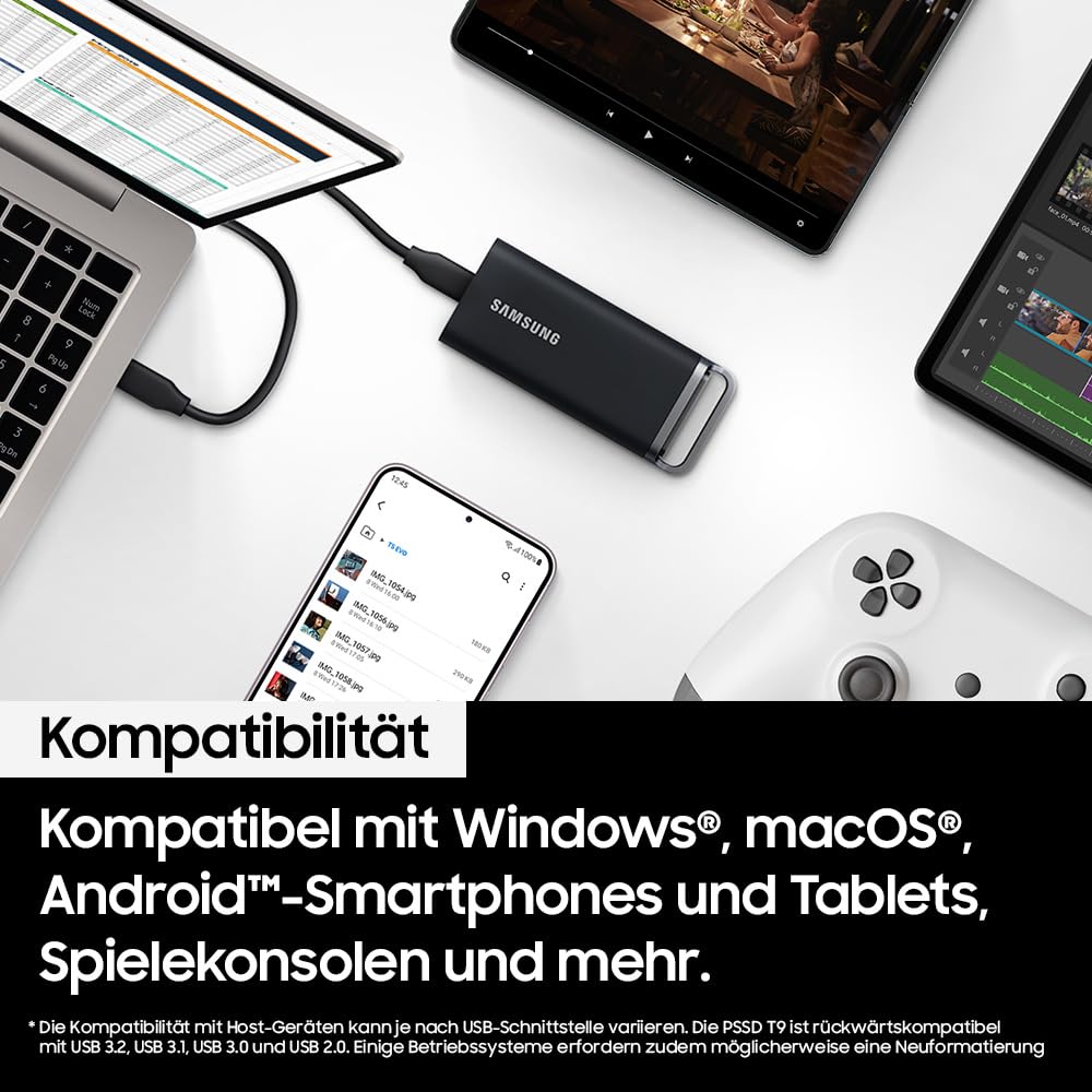 Samsung Portable SSD T5 EVO, 8 TB, USB 3.2 Gen. 1, 460 MB/s Lesen, 460 MB/s Schreiben, Externe Festplatte für Mac, PC, Android, Smart TVs und Spielkonsolen, Inkl. USB-C-Kabel, MU-PH8T0S/EU