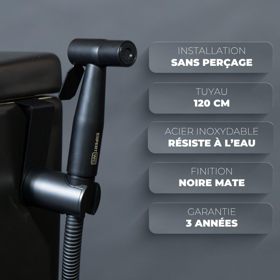 Douchette WC Anti-Fuite Noire - Marque Française - Kit Complet Bidet Hygiénique avec Robinet 3 Voies, Pistolet, Flexible et Support - Jet Réglable Haute Pression - Brevet Déposé