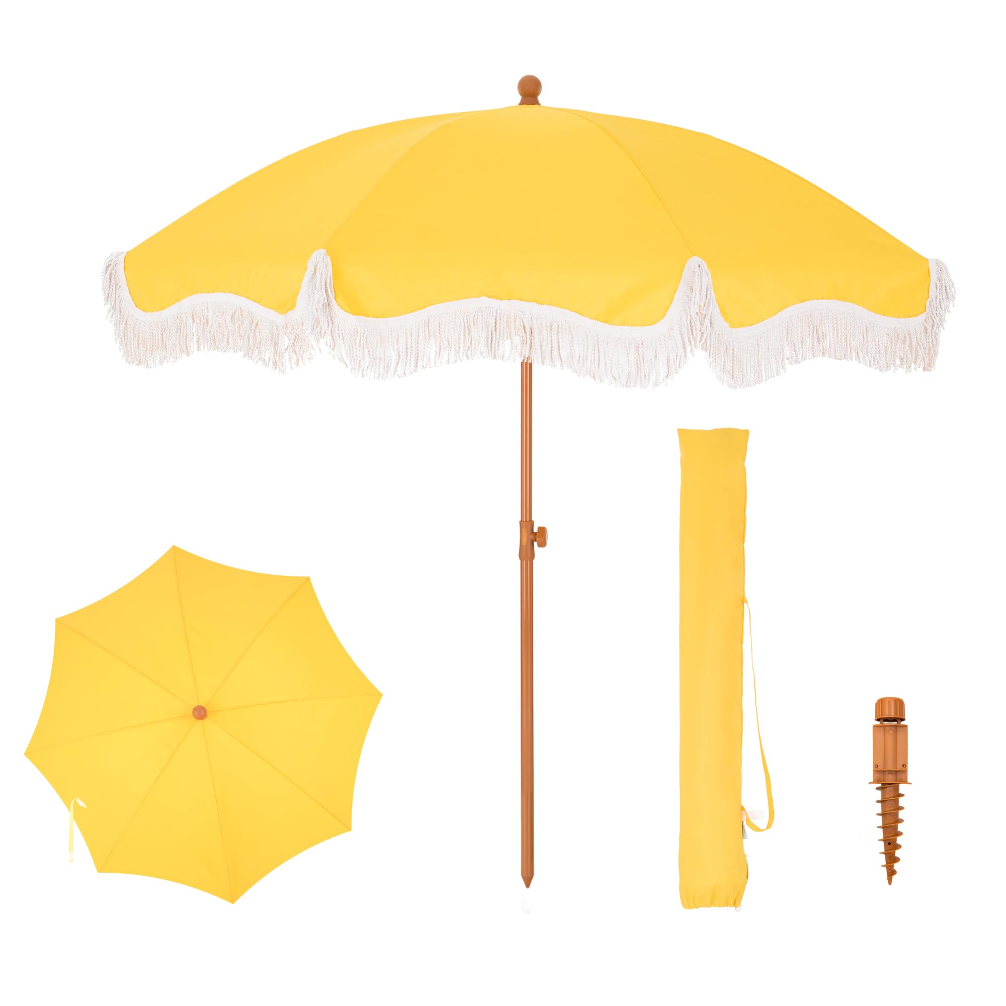 PHI VILLA Parasol Balcony Sun Protection 200 cm Foldable Round with Fringes, Boho Beach Umbrella Garden Wind-resistant Parasols Balcony Umbrella with Ground Spike for Terrace, UPF 50+, Gold