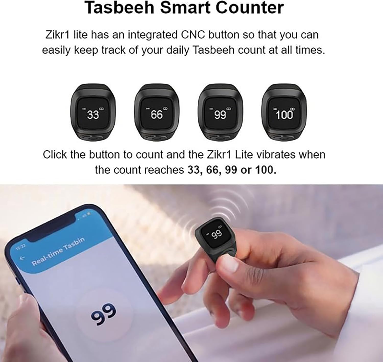 スマート Tasbih タリー カウンター リング、3 サイズ交換可能な Tasbih 防水リング、OLED ディスプレイ & AP