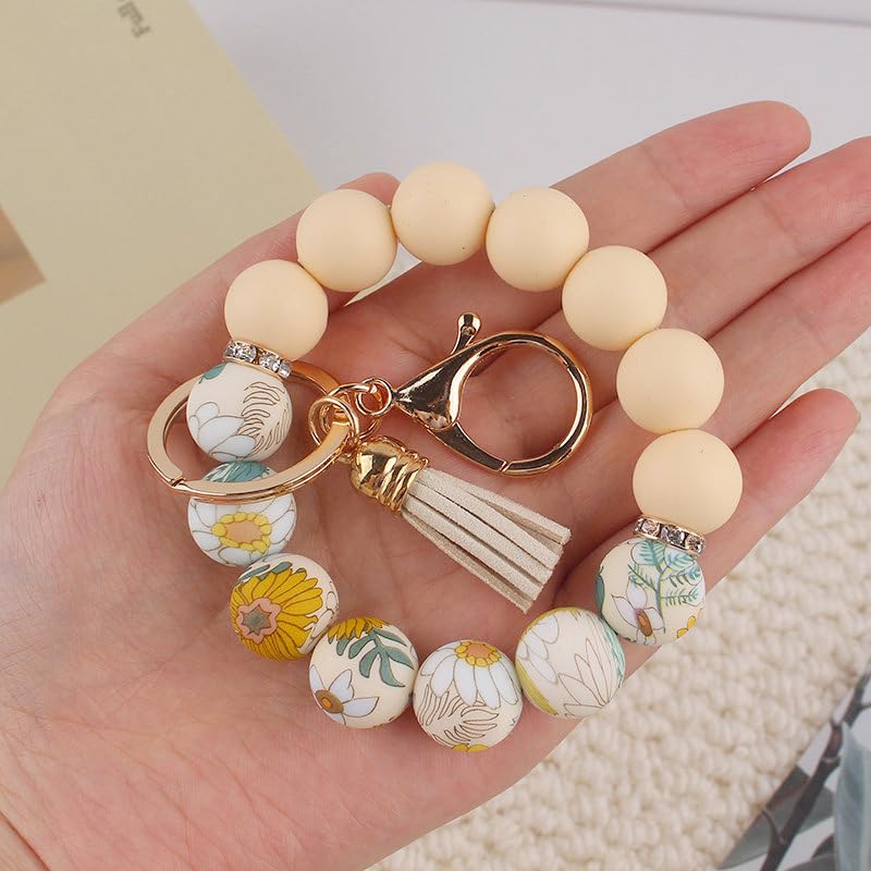 Image of Silicone Beaded Bracelet Keychain Wristlet Cute Car Key Chain Holder Wallet Bag Charm Accessory