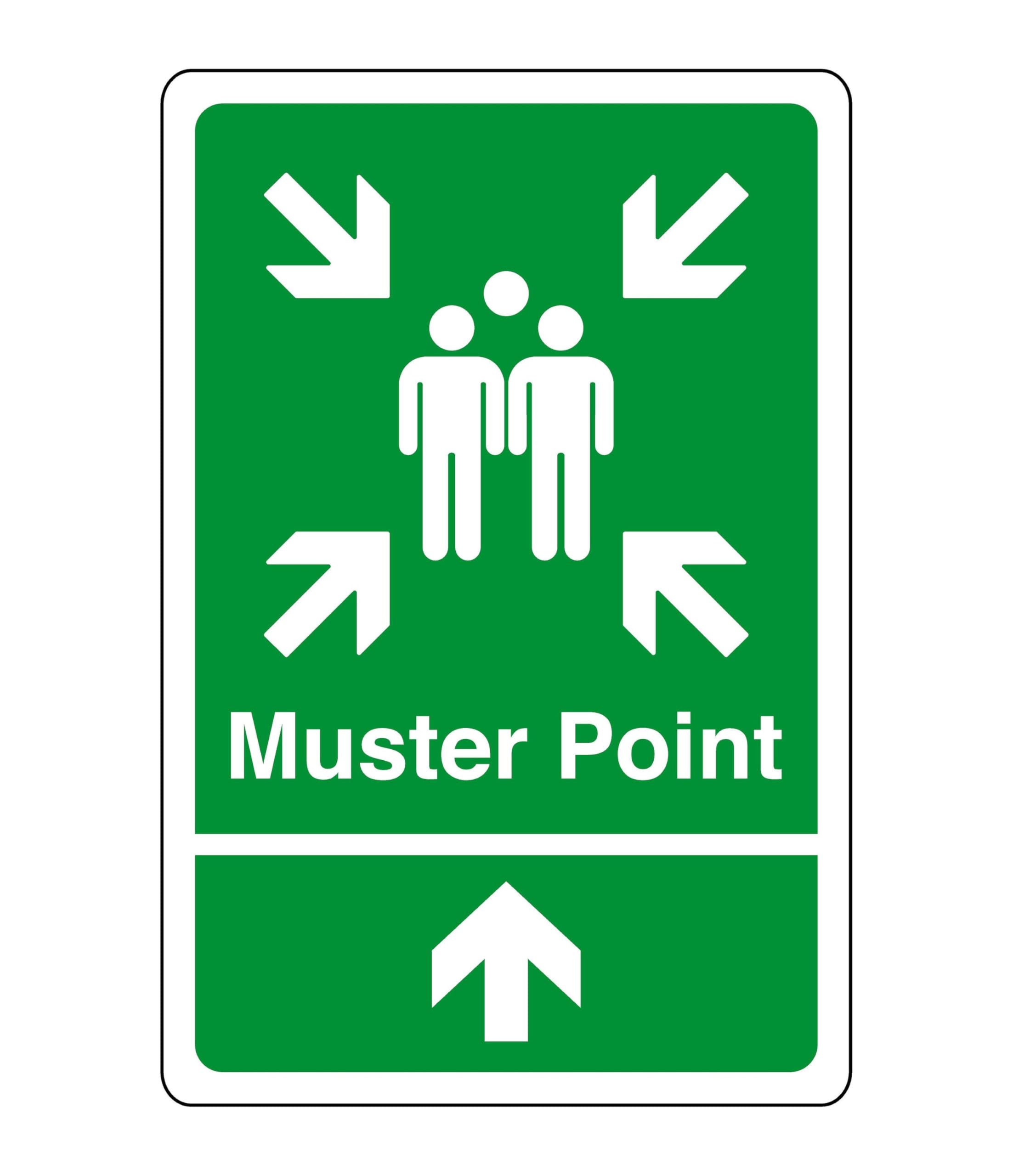 Muster point arrow up sign - safety sign - business signs, carpark safety signs - 1.2mm Rigid plastic for indoor/outdoor usage (400mm x 300mm) Viewing Distance within 14m.