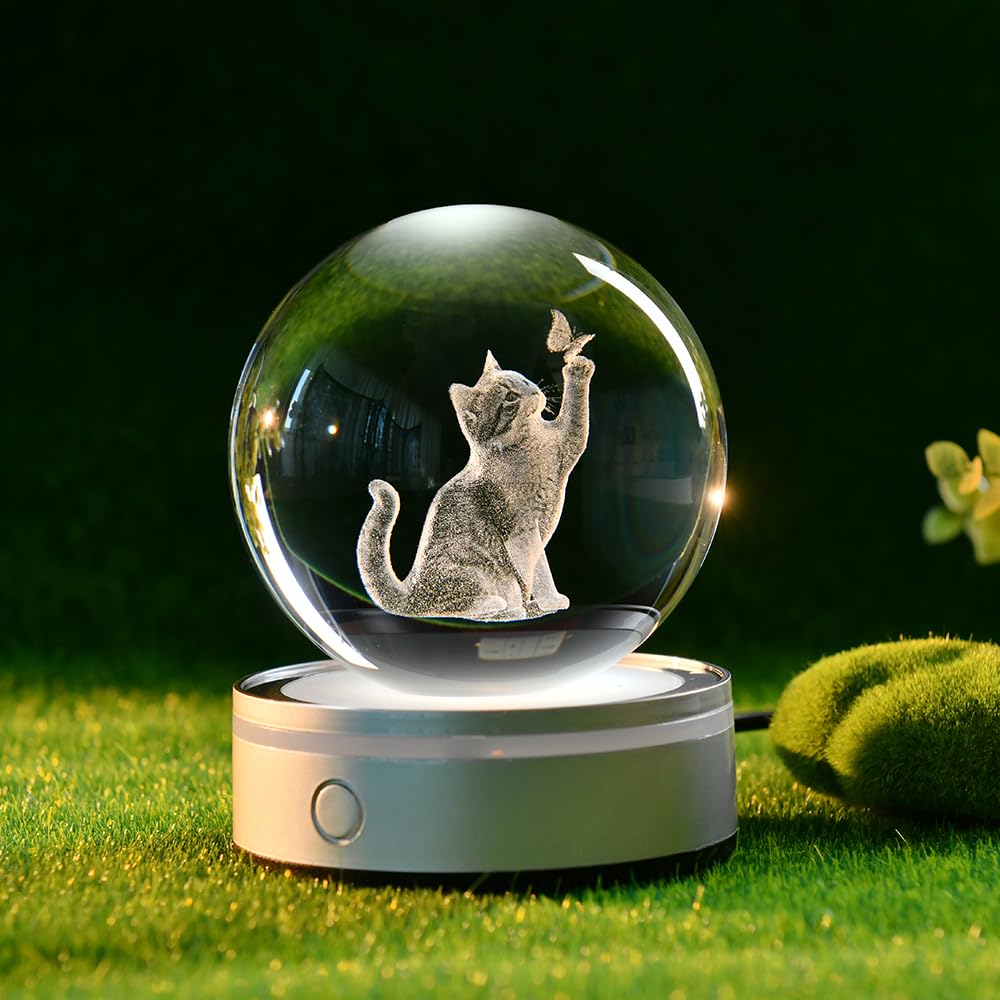 ZRENJHUS 3D Cat Crystal Ball Gifts for Women 80mm Cat Lover Gift for Her Glass Sphere Kitten Night — view 4