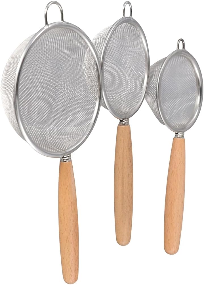 3 Pcs Kitchen Fine Mesh Strainers, Stainless Steel Wire Mesh Oil Strainer Skimmer with Wood Handle, Durable Flour Colander Filter Baking Tool(3 pcs)