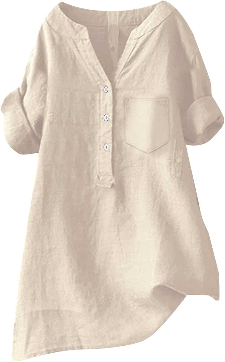 Camisas de lino con botones para mujer, manga corta, cuello en V, blusas ligeras, lisas, casuales, holgadas, tipo túnica