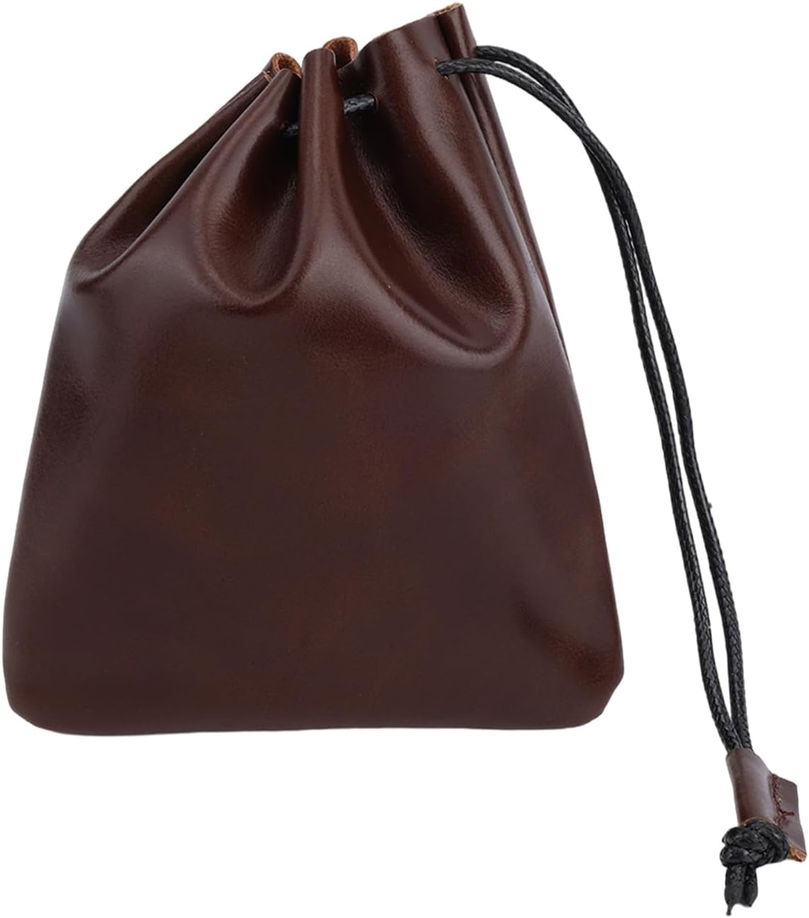 Leather Drawstring Pouch, 14.5x12.5cm/5.71x4.92in Cowhide Drawstring Pouch Medieval Coin Purse Organizer Vintage Leather Storage Bags for Earphone (Red Coffee)