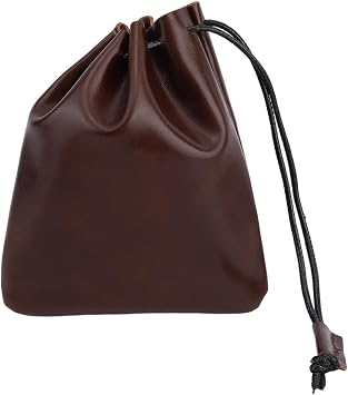 Leather Drawstring Pouch, 14.5x12.5cm/5.71x4.92in Cowhide Drawstring Pouch Medieval Coin Purse Organizer Vintage Leather Storage Bags for Earphone Red Coffee