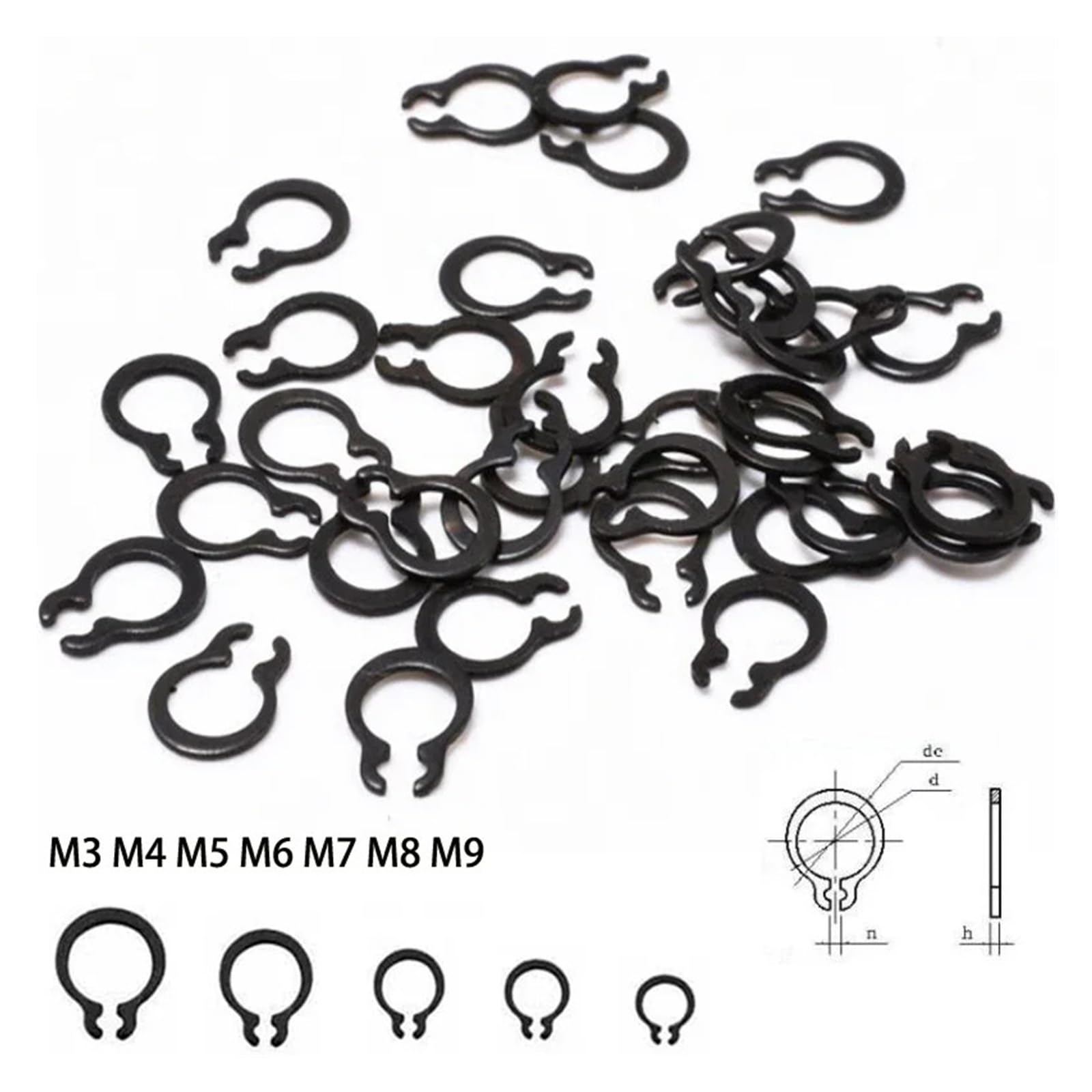 Set di anelli elastici M3-M9 da 25 pezzi. Chiusura a scatto con clip di tipo E di fissaggio esterno