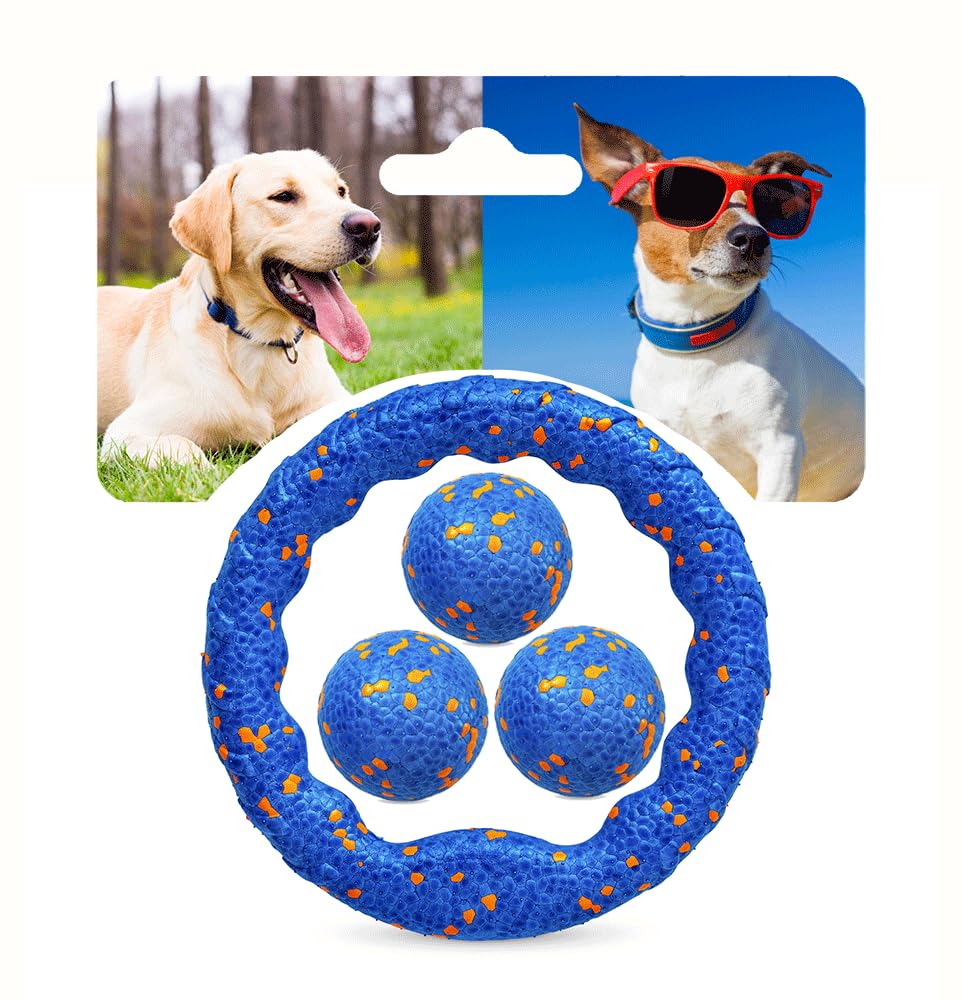 Indestructible Dog Ball Toy Set for Aggressive Chewers - Durable Floating Dog Tennis Balls - Interactive Chew Ring