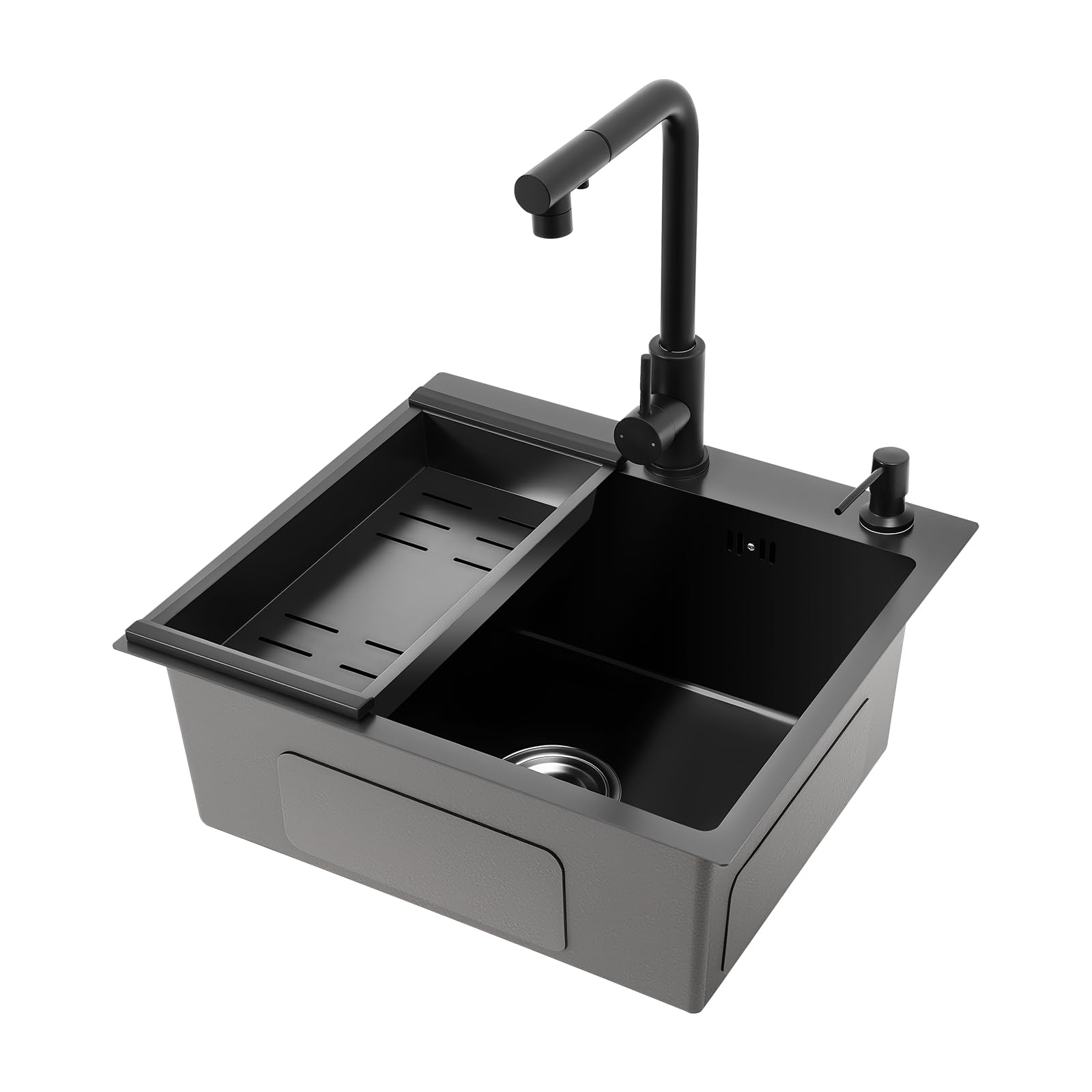 Fregadero de cocina, 50 x 45 x 20 cm, de acero inoxidable, negro, con grifo extraíble, escurridor, escurridor y dispensador de jabón, para hogares, restaurantes, lavandería