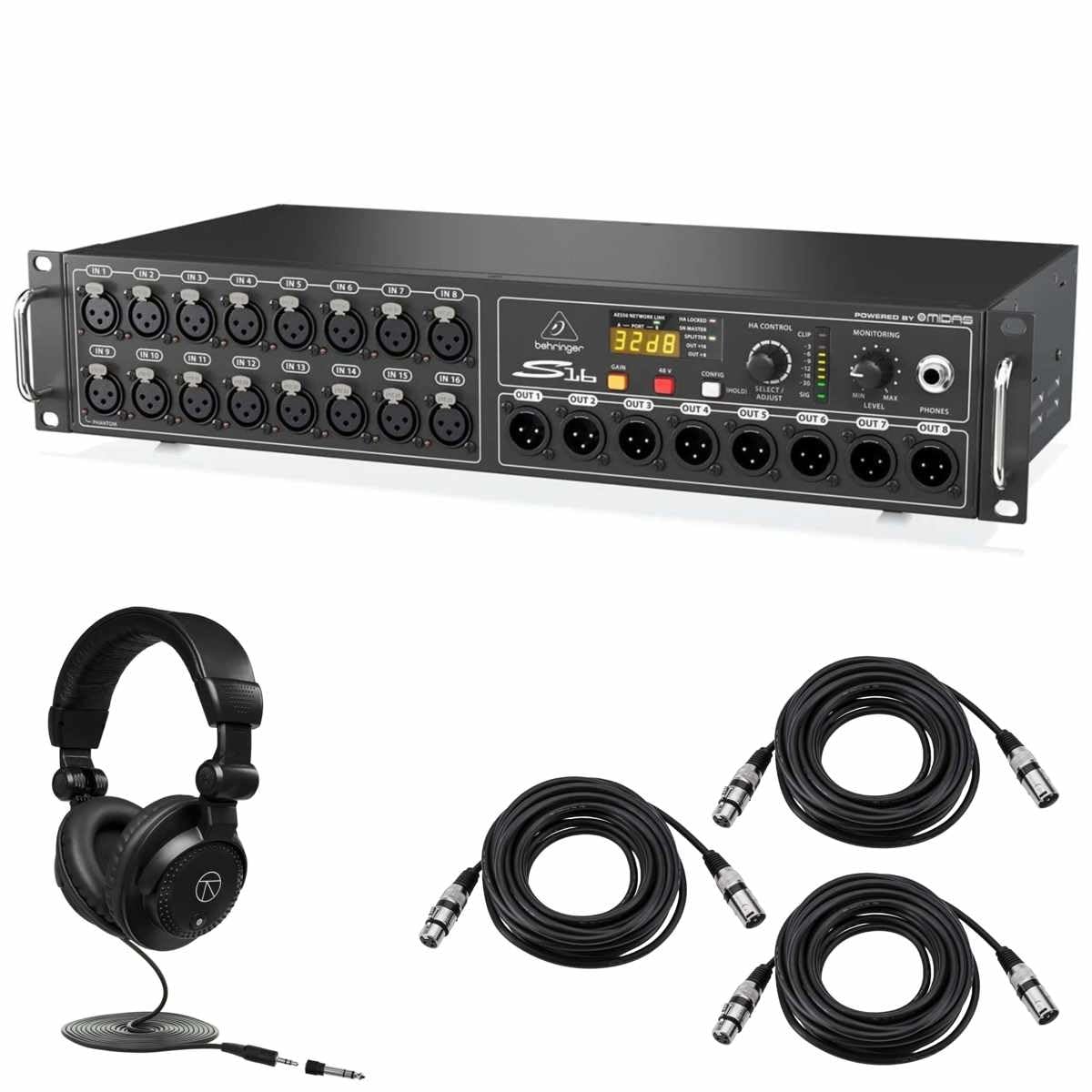 Behringer Digital Snake S16 I/O Box with 16 Remote, Controllable Midas Preamps, 8 Outputs, AES50 Networking, KLARK Teknik SuperMAC Technology Bundle