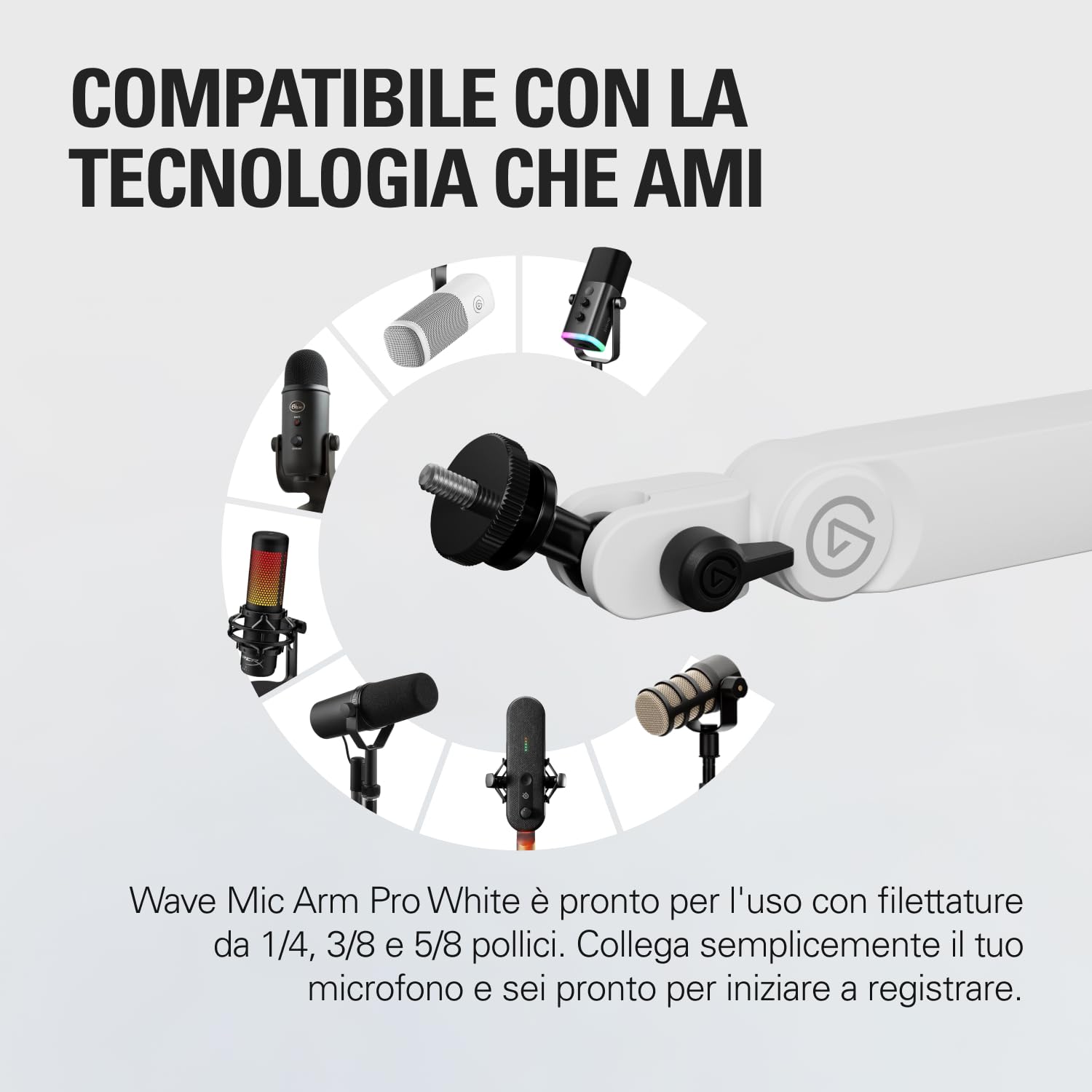 Elgato Wave Mic Arm Pro White - Braccio per Microfono a Profilo Basso Girevole a 360° con Molla a Gas, Compatibile con Microfoni Elgato/Shure SM7B/Rode/Blue Yeti & altri – Per Trasmissione/Podcast