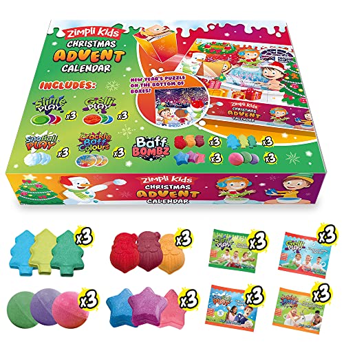 ZIMPLI - Christmas Advent Calendar, 24 Gifts, 12 x Bath Bombs, 3 x Slime, 3 x Gelli, 3 x SNO, 3 x Crackle, Xmas Countdown Present for Kids