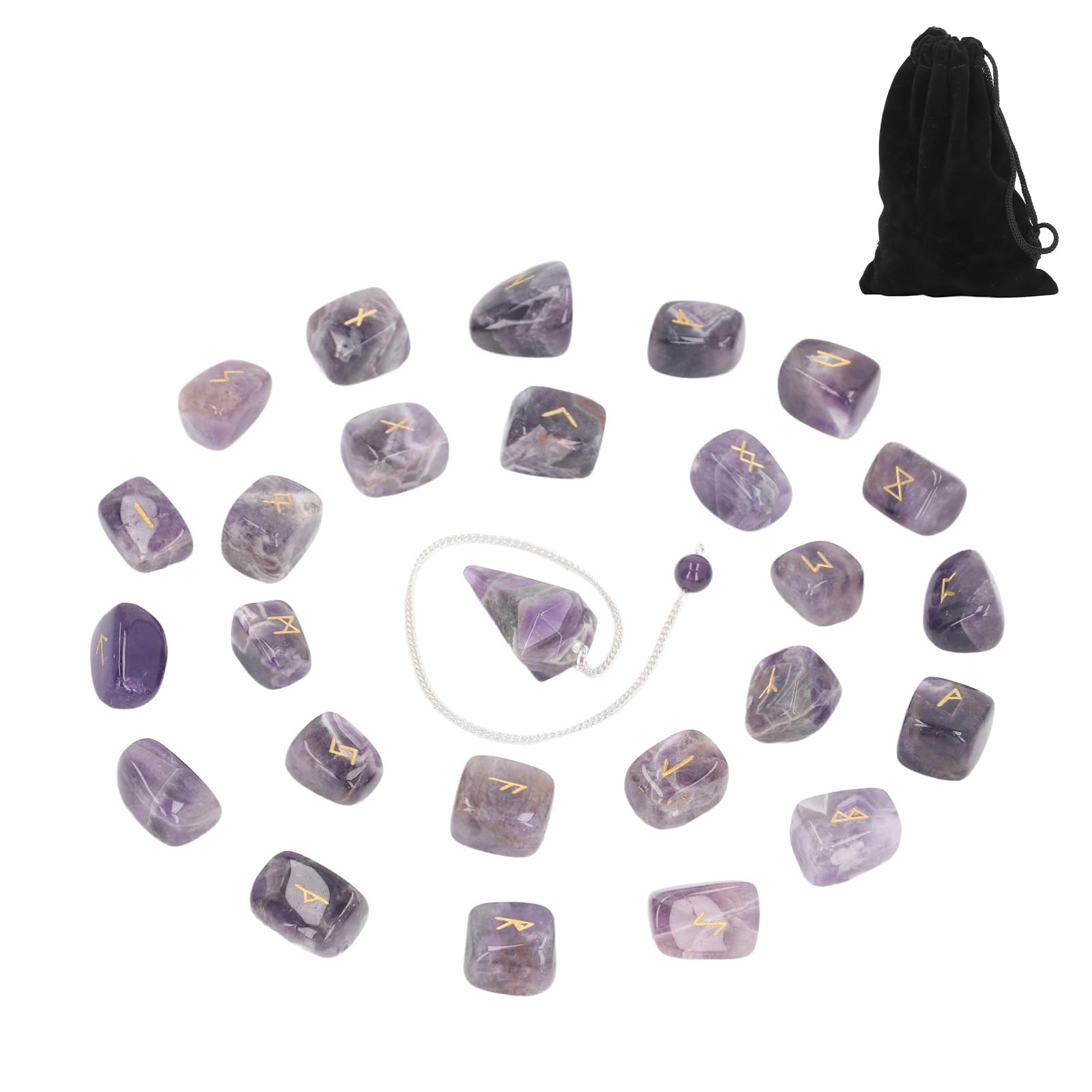 Juego de 25 Piedras Runas, Péndulo y Bolsa de Cristal, Curación, Chakras Equilibrados, Mente Pacífica, Adivinación, Meditación para Problemas Emocionales, Colección de Rocas,