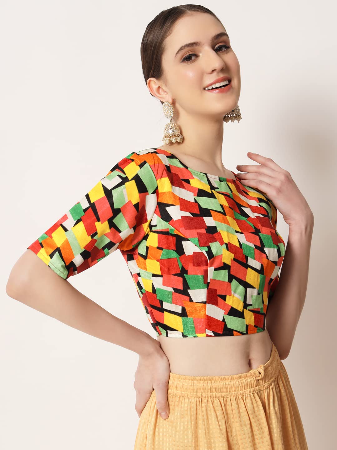 Pujia Mills Women's Blouse Printed Blouse Elbow Length Boat Neck Blouse Readymade Blouse Saree Blouse (Abstact Orange 38) (40)