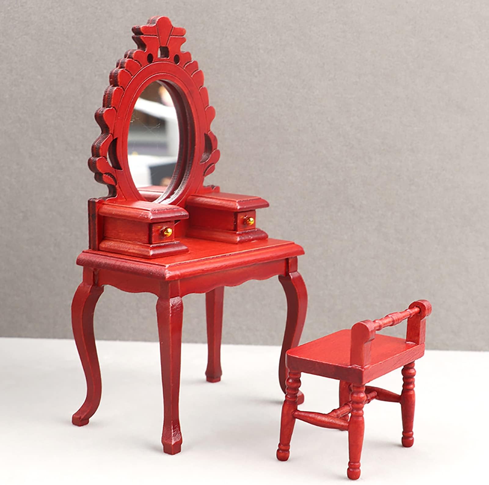 1:12 Scale Miniature Dollhouse Dresser Table with Stool - Retro Mirror Vanity Table Mini Dressing Table Stool Set Wooden Dollhouse Furniture for 1/12 Doll House Decor Red