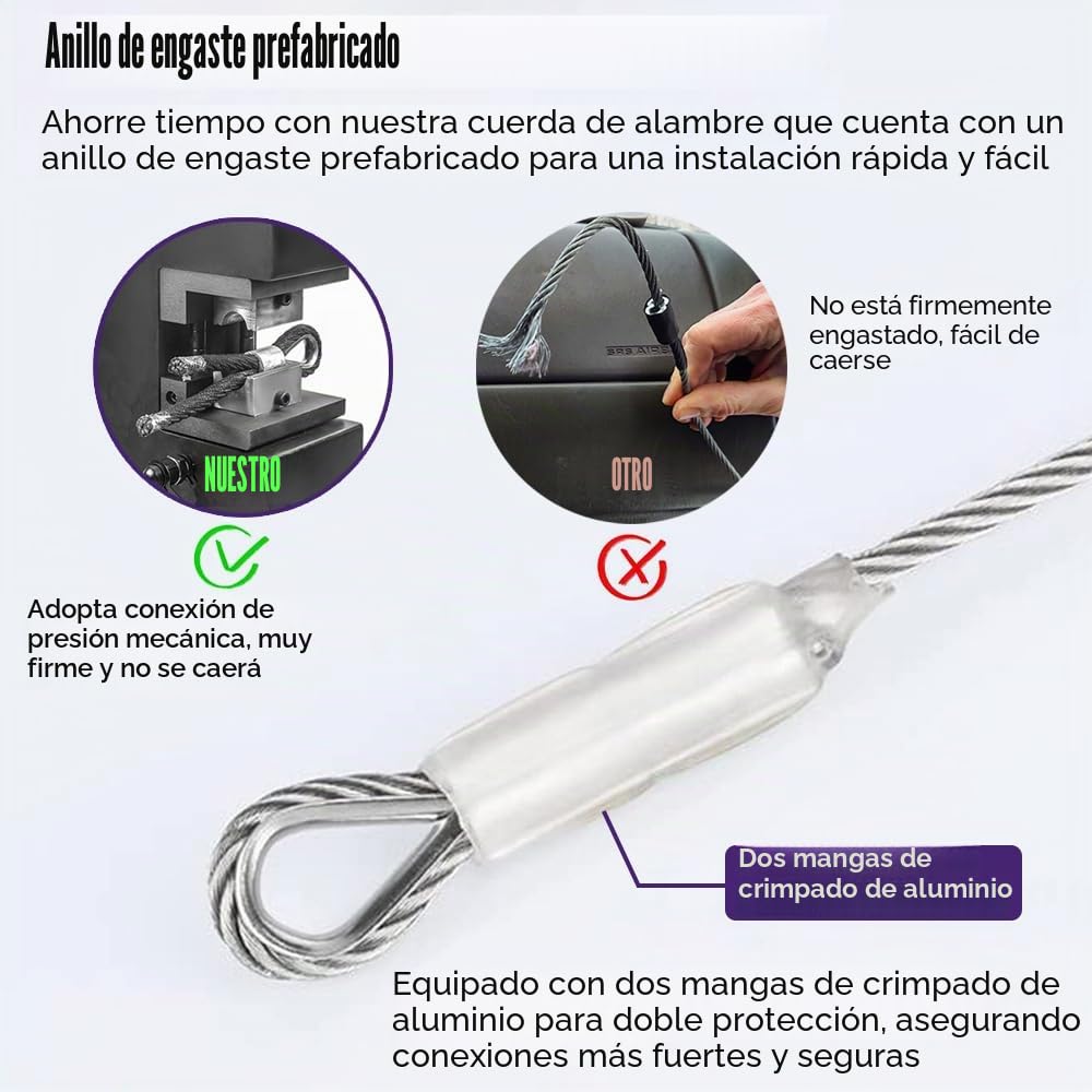 Cable Acero 6mm, 23m Cable de Acero Inoxidable, 7 x 19 Hebras Cable Principal Zipline con 4 Abrazaderas y 4 Dedal, para Teleféricos, Luces para Exteriores
