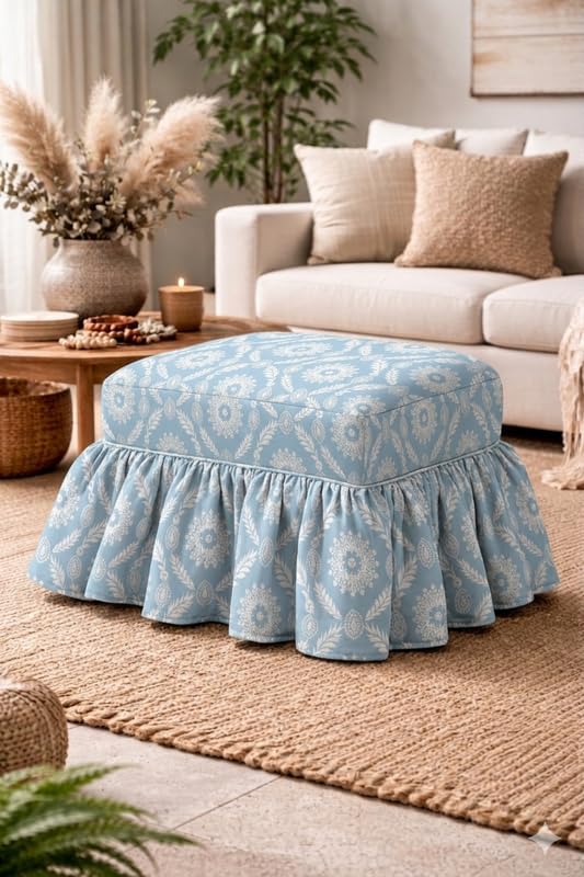 Skirted Pouffe Cover 26x18x18 Inch Frosted Floral, Tailored Pleated Slipcover with Frill, Rectangular Footstool Pouf Cover for Living Room Decor, Machine Washable, THROWPILLOW-image-14