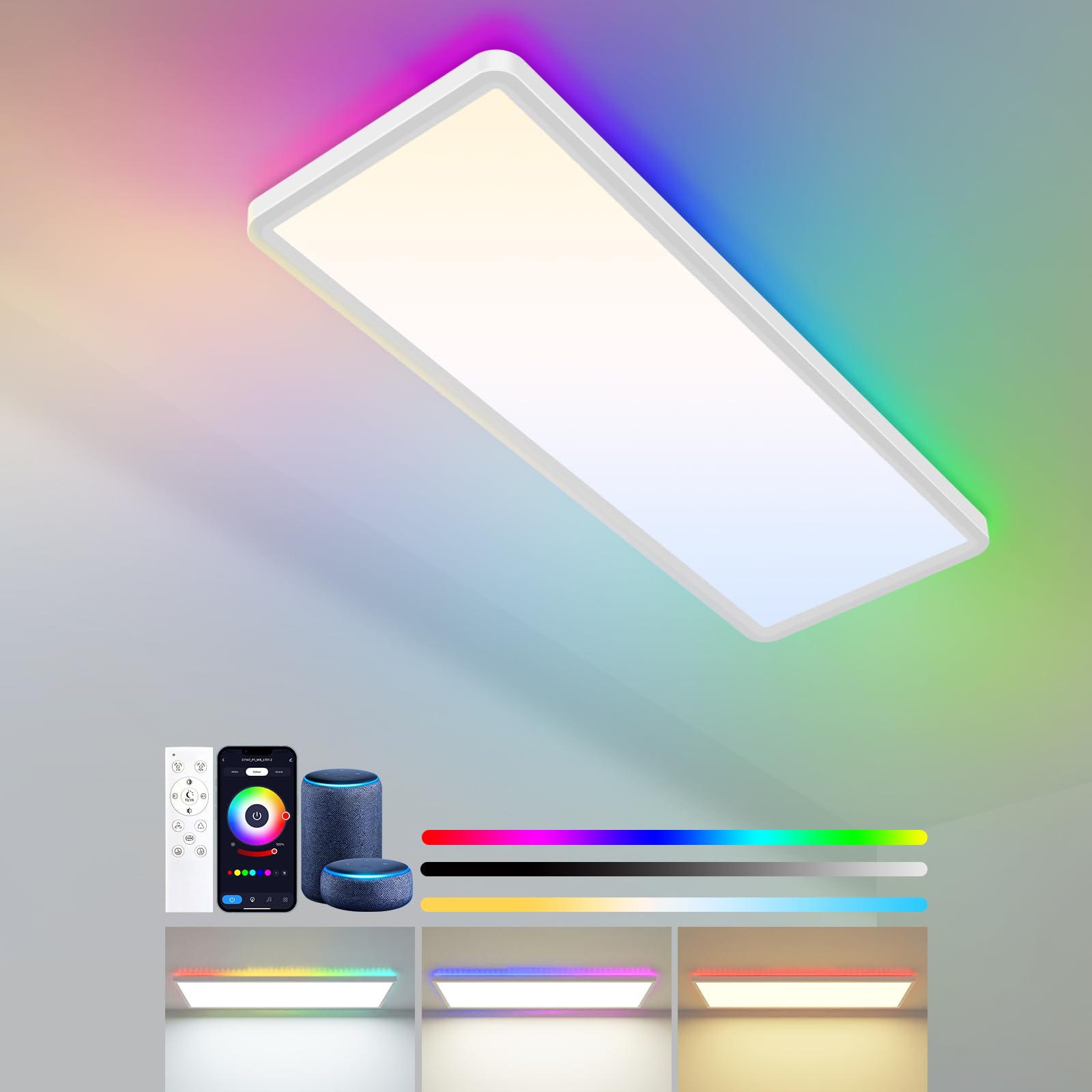 zemty LED Panel Deckenleuchte Flach 80x25cm – Dimmbar mit Fernbedienung 3000K-6000K, 40W 4000LM IP54 Deckenlampe Lang für Küche Badezimmer Wohnzimmer