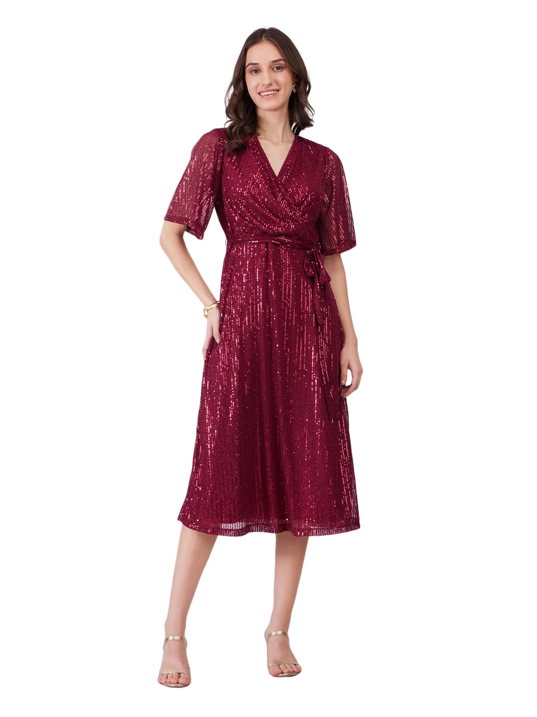 fablestreet Sequin Wrap Dress - Maroon-picture-15